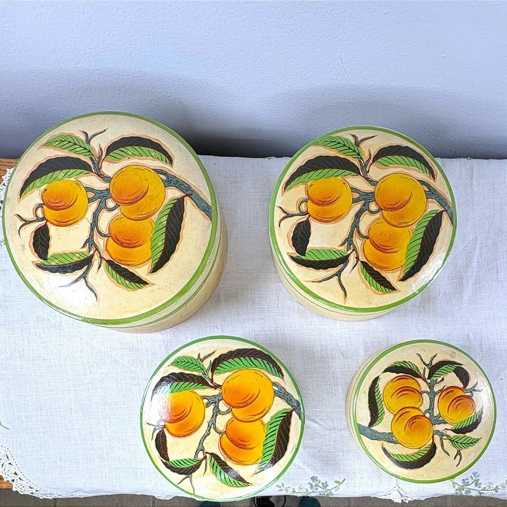 Vintage Jerywil Products Japan Nesting Canister Set 4 Peach Fruit Hand Painted